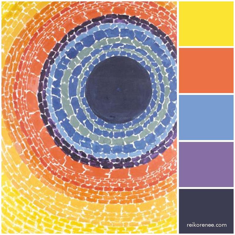 Color Palette inspired by Alma Thomas' The Eclipse (yellow, orange, blue, purple, navy blue