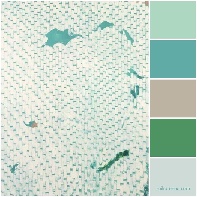 Color palette inspired by Alma Thomas' Snow Reflections on Pond (Aqua, Gray-Turquoise, Gray, Dark Seafoam Green, Icy Gray)
