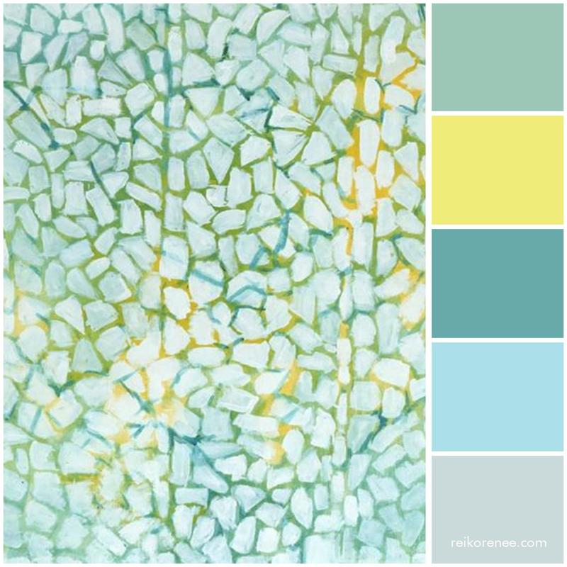 Color palette inspired by Alma Thomas' White Daisies Rhapsody (Dark seafoam, light lime, aqua gray, sky blue, icy gray blue)