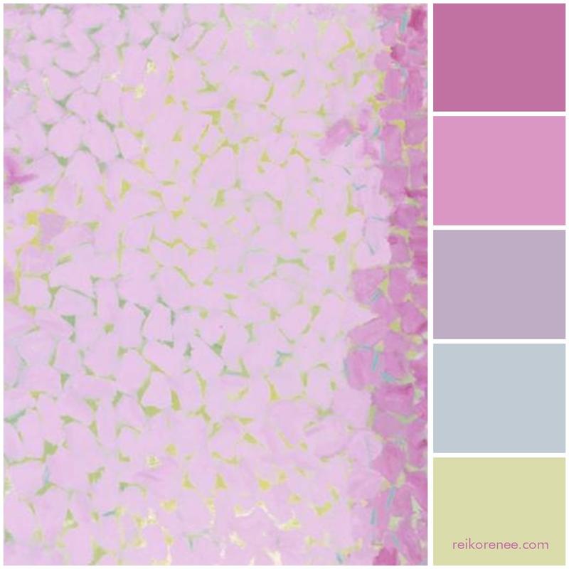 Color palette inspired by Alma Thomas' Wind and Crepe Myrtle Concerto (Purple, Lilac, Lavender, Purple Gray, Lime Beige)
