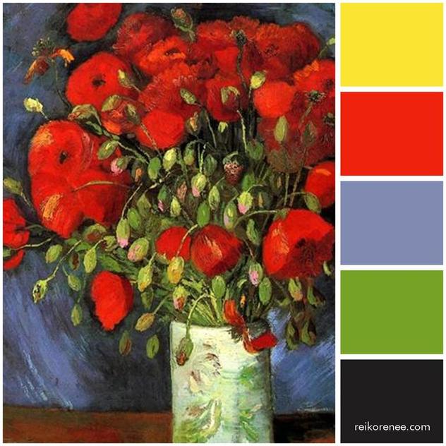Color Palette inspired by Vincent van Gogh's ​Vase with Red Poppies, 1886